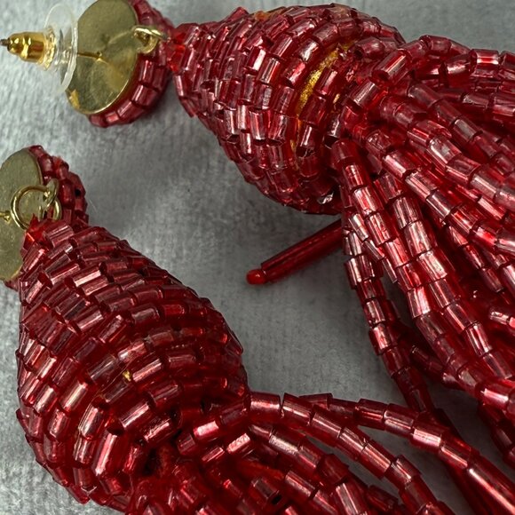 Beaded Red Tassel Pierced Earrings Statement Jewelry Gold Tone Back Vibrant Boho - Picture 14 of 16